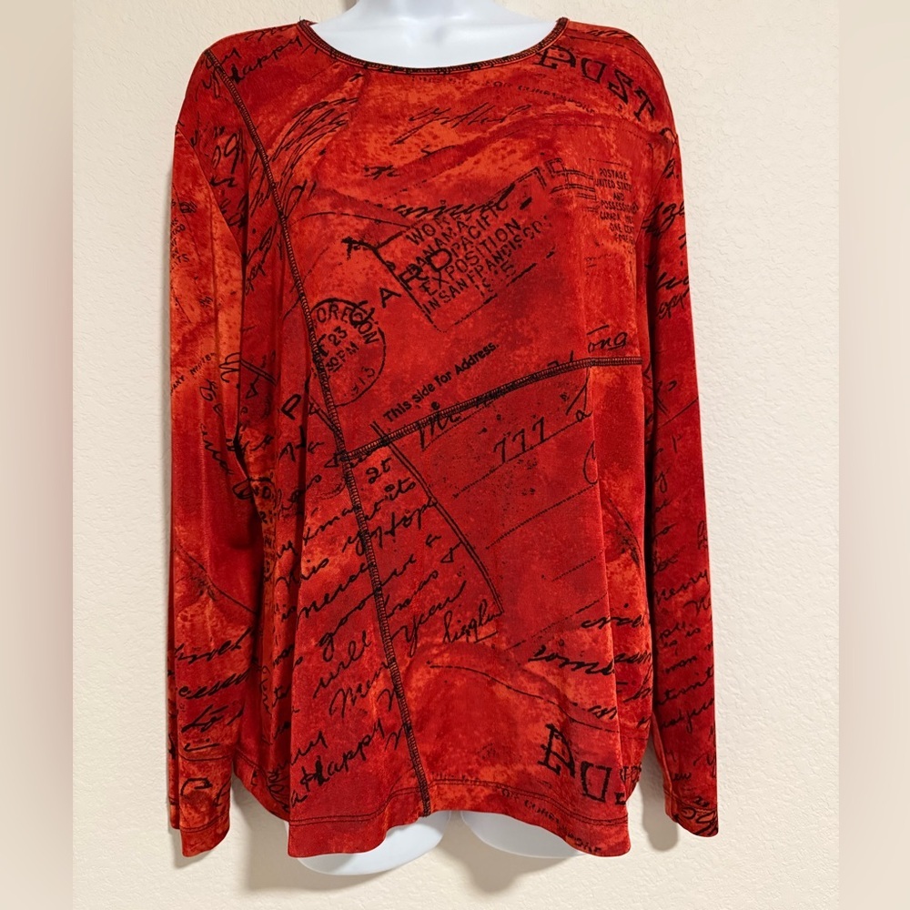 CHICOS TRAVELERS Burnt Red Graphic Long Sleeve Top Women’s Size 3